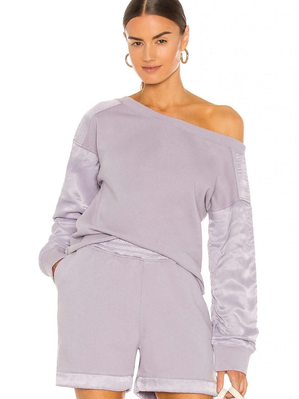 RtA Revolve Alessia Lavender Purple Off-Shoulder Satin-Trim Crop sweatshirt XS
